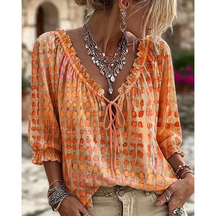 Women's 3/4 Sleeve V-Neck Polka Dot Lace-Up Blouse – Lightweight Casual Ruffle Top