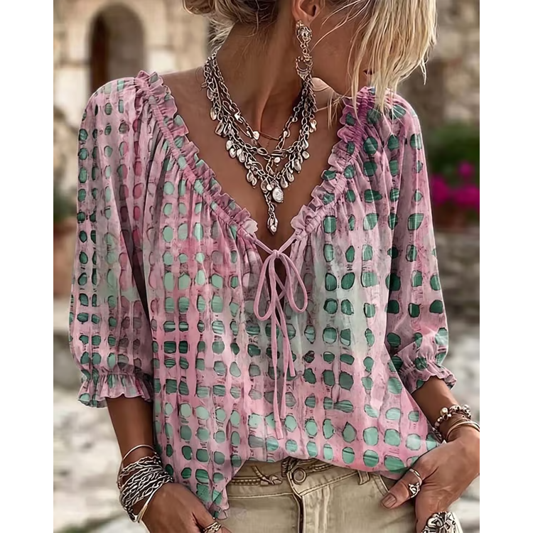 Women's 3/4 Sleeve V-Neck Polka Dot Lace-Up Blouse – Lightweight Casual Ruffle Top