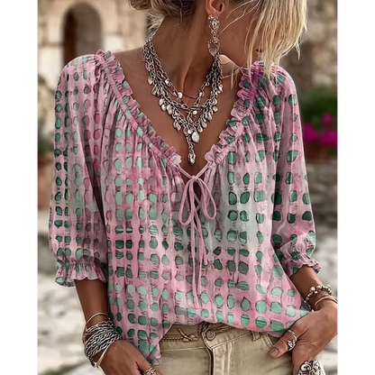 Women's 3/4 Sleeve V-Neck Polka Dot Lace-Up Blouse – Lightweight Casual Ruffle Top