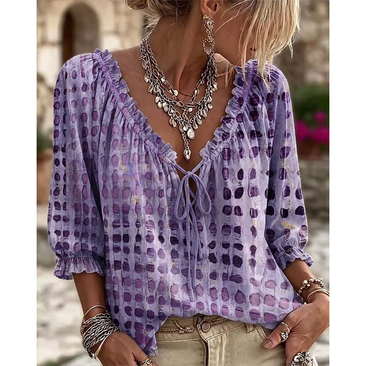 Women's 3/4 Sleeve V-Neck Polka Dot Lace-Up Blouse – Lightweight Casual Ruffle Top