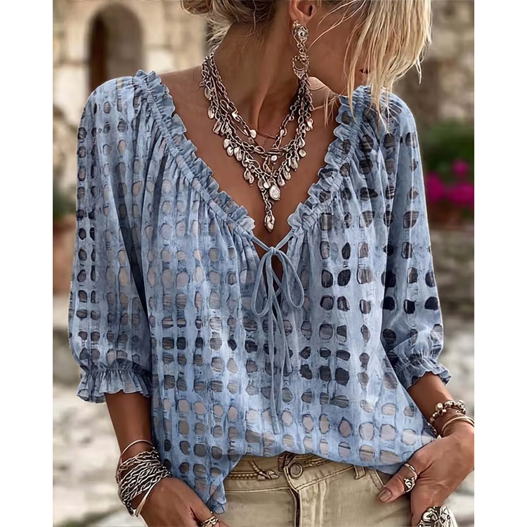 Women's 3/4 Sleeve V-Neck Polka Dot Lace-Up Blouse – Lightweight Casual Ruffle Top
