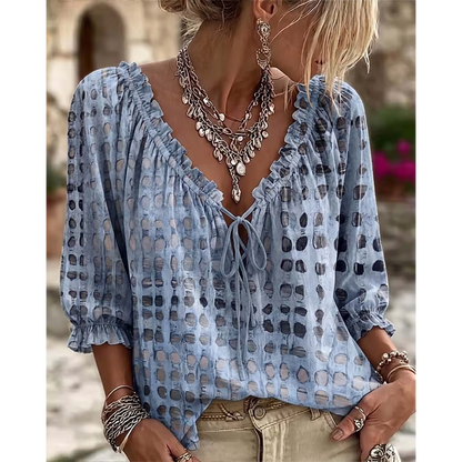 Women's 3/4 Sleeve V-Neck Polka Dot Lace-Up Blouse – Lightweight Casual Ruffle Top