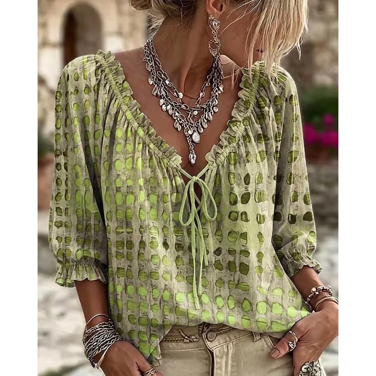 Women's 3/4 Sleeve V-Neck Polka Dot Lace-Up Blouse – Lightweight Casual Ruffle Top