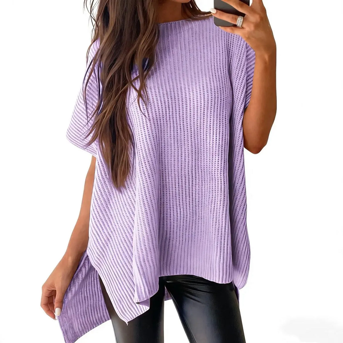 2026 SummerVibes Women's Crew Neck Batwing Short Sleeve Ribbed Knit Top - Oversized High Low Side Split Casual Pullover for Daily Outings summerwins