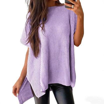 2026 SummerVibes Women's Crew Neck Batwing Short Sleeve Ribbed Knit Top - Oversized High Low Side Split Casual Pullover for Daily Outings summerwins