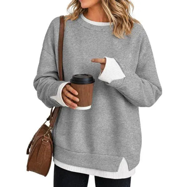 Women's Loose Fit Faux Two-Piece Crewneck Sweatshirt – Casual Layered Look Pullover