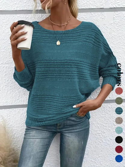 Women's Plain Round Neck Batwing Sleeve Tee, Casual Long Sleeve Crew Neck T-shirt for Fall & Winter