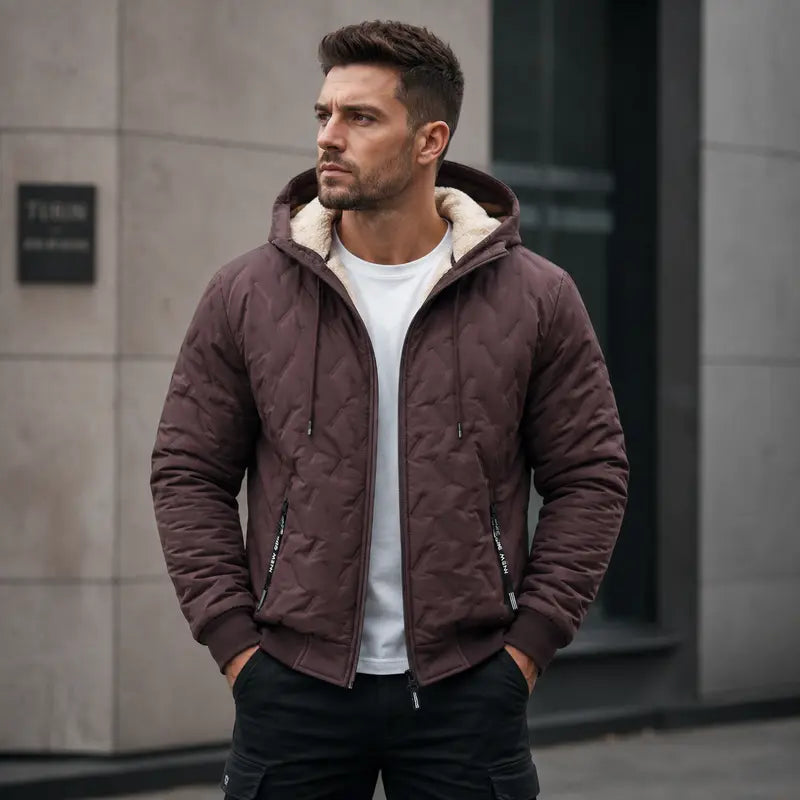 Men's Winter Fleece-Lined Hooded Jacket – Warm Quilted Full-Zip Coat