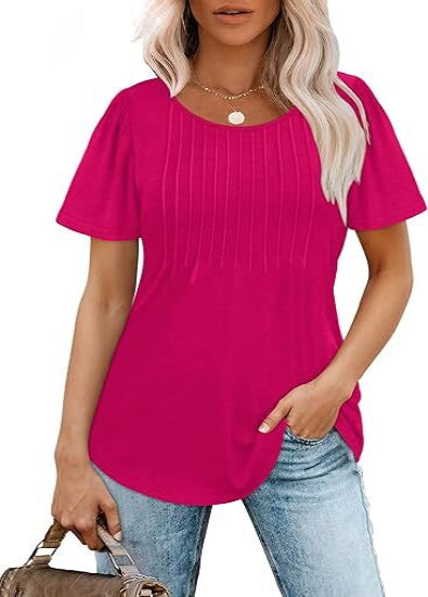 Women's Summer Pleated Blouse - Short Sleeve Scoop Neck Tunic, Dressy Casual Flare Top (S-4XL)