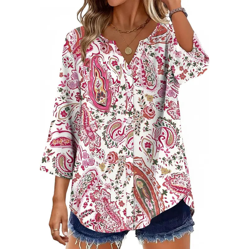 Women's V-Neck Button-Down Blouse, 3/4 Sleeve Loose Fit Business Casual Top