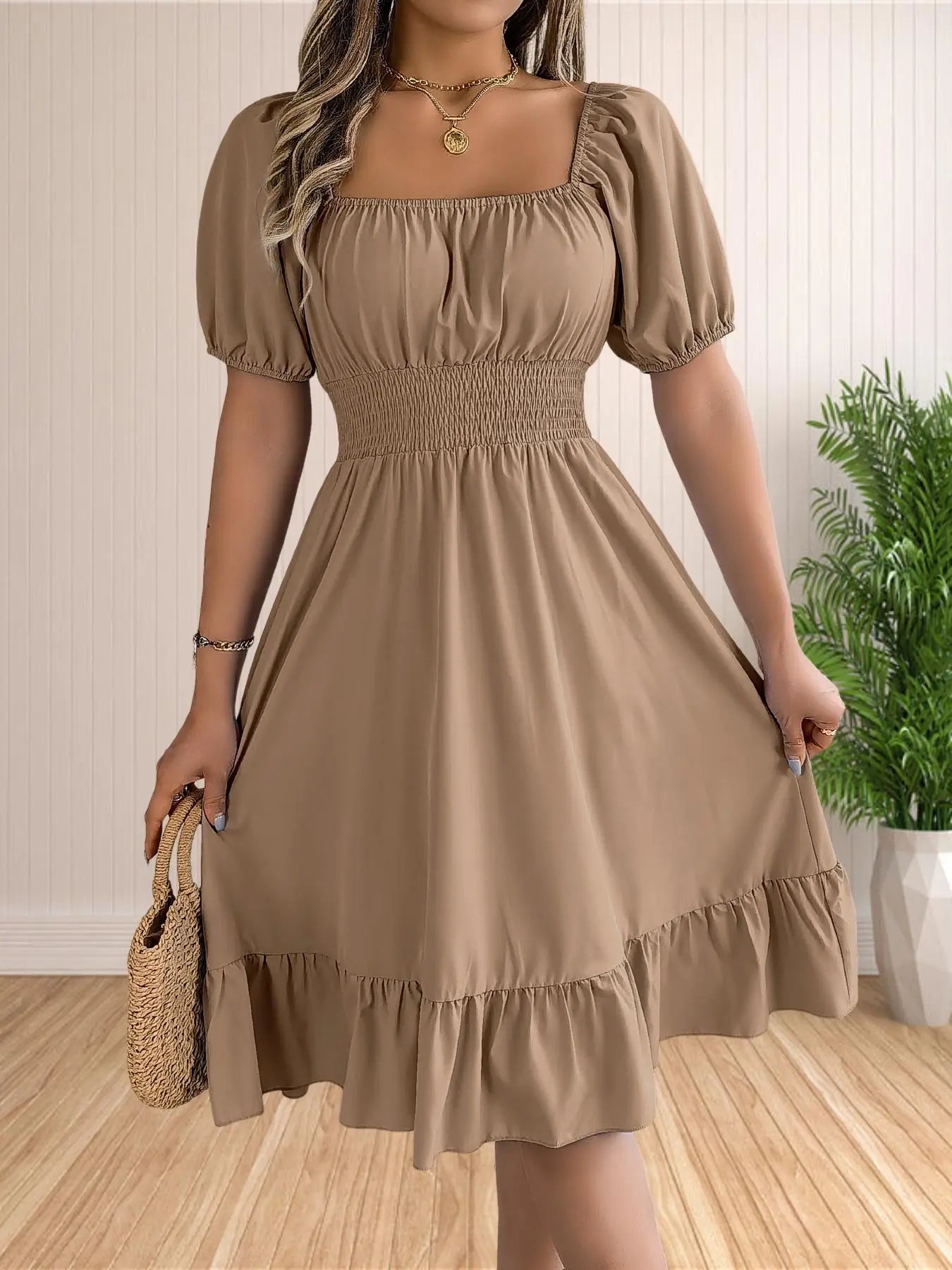 Floral Shirred Puff Sleeve A-Line Dress – Square Neck Ruffle Hem Summer Midi Dress for Women