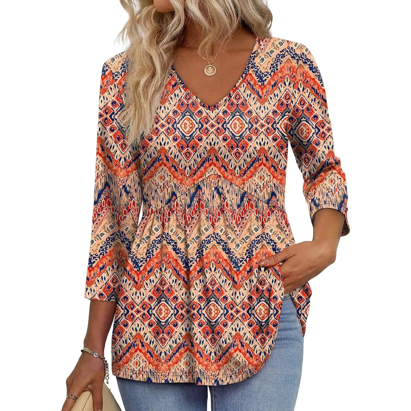 Women's V-Neck 3/4 Sleeve Tunic Top – Flowy Dressy Casual Blouse