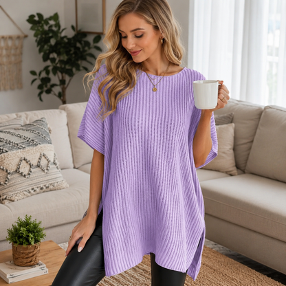 2026 SummerVibes Women's Crew Neck Batwing Short Sleeve Ribbed Knit Top - Oversized High Low Side Split Casual Pullover for Daily Outings summerwins