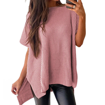 2026 SummerVibes Women's Crew Neck Batwing Short Sleeve Ribbed Knit Top - Oversized High Low Side Split Casual Pullover for Daily Outings summerwins