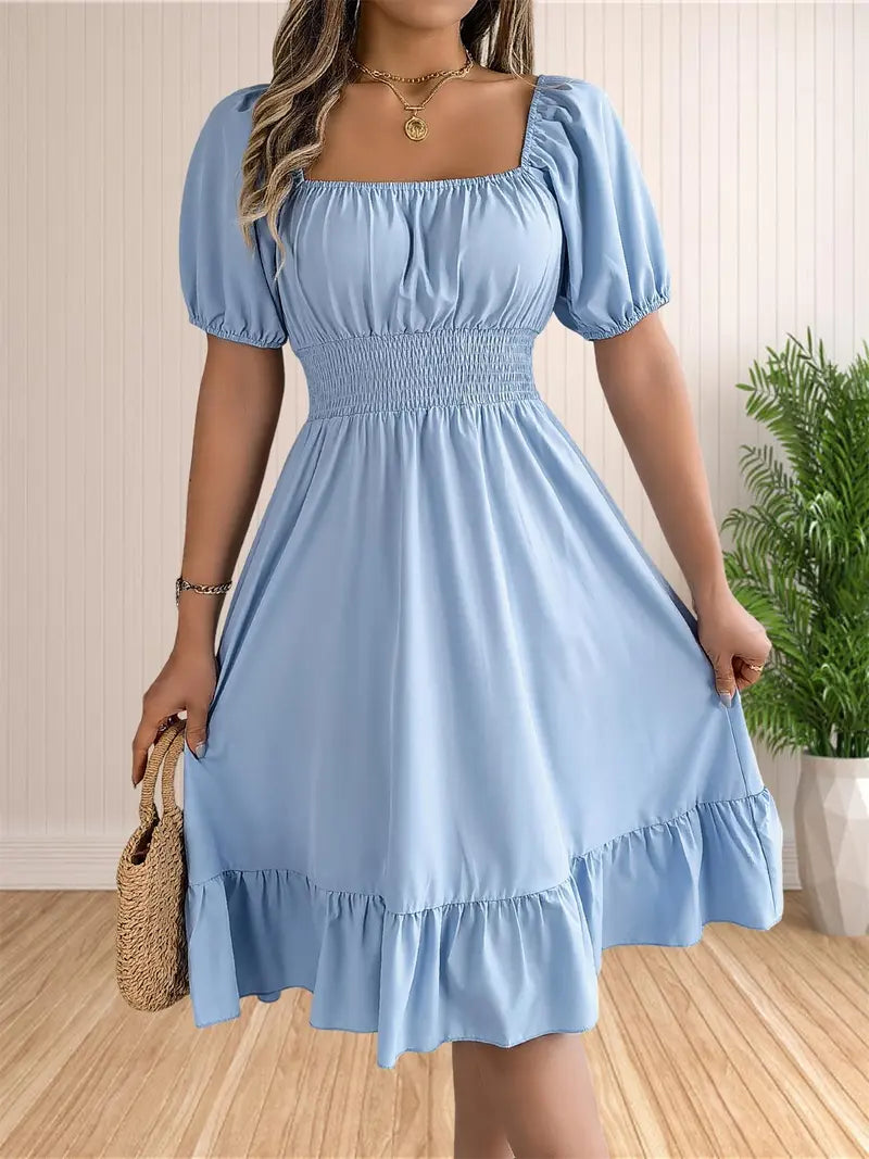 Floral Shirred Puff Sleeve A-Line Dress – Square Neck Ruffle Hem Summer Midi Dress for Women