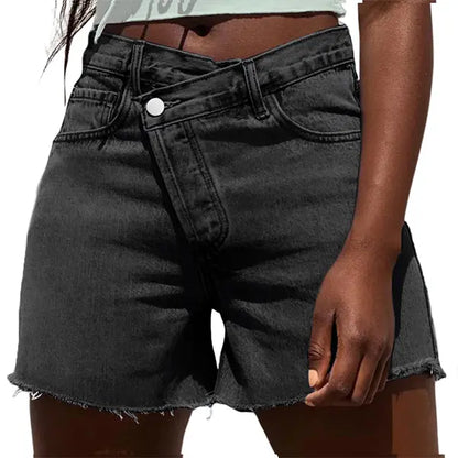 Women Crossover High Waisted Jeans Shorts Stretchy Casual Denim Shorts Boyfriend Summer Womenswear Streetwear Bottom Fit Ripped Style Chic