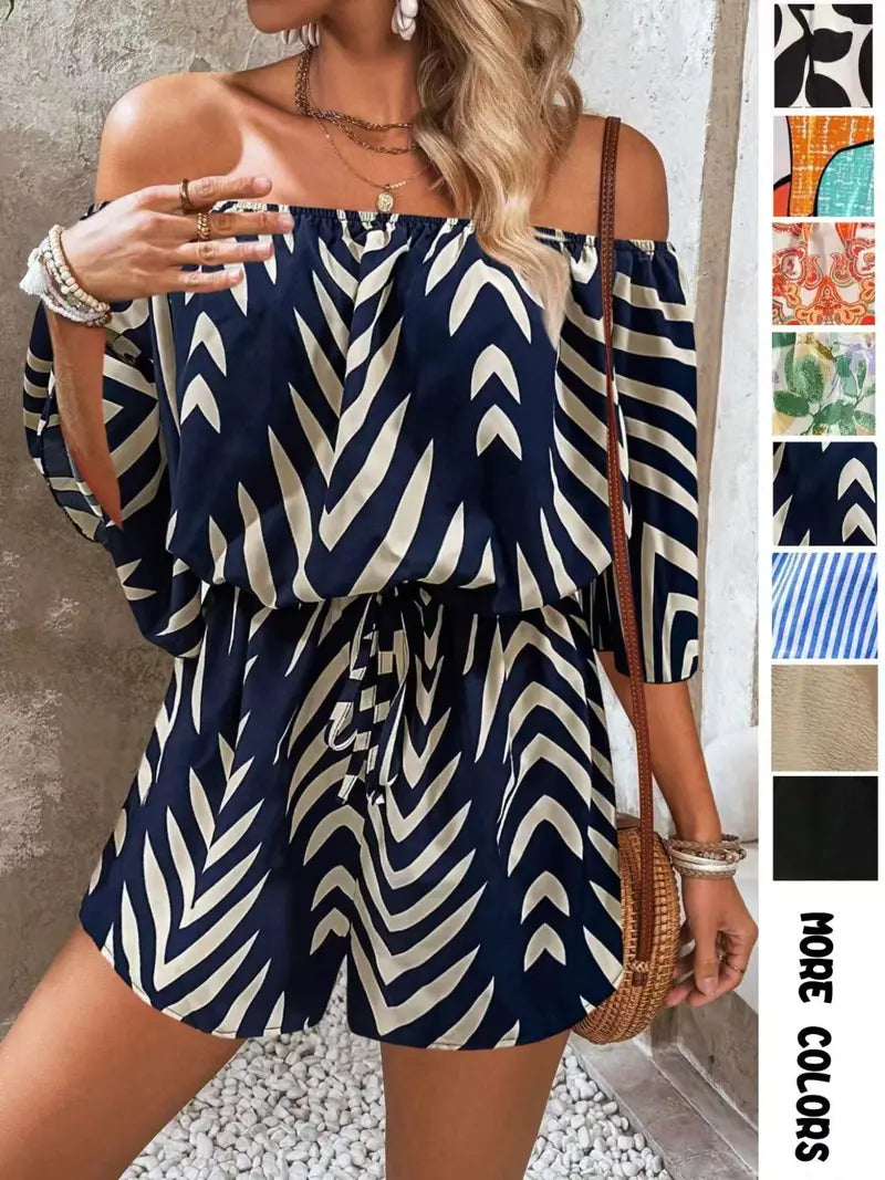 Boho Off Shoulder Romper for Women | Adjustable Tie Waist | Lightweight Summer Beach Vacation Jumpsuit