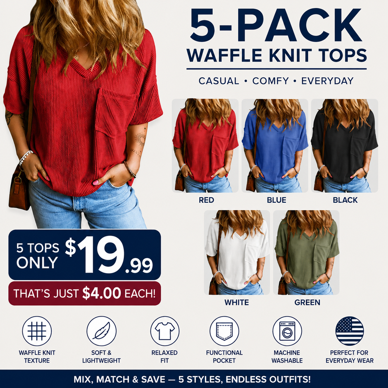 Women's Oversized Ribbed Knit Summer T-Shirt V Neck Short Sleeve Casual Loose Fit Tee with Pocket