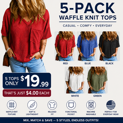 Women's Oversized Ribbed Knit Summer T-Shirt V Neck Short Sleeve Casual Loose Fit Tee with Pocket