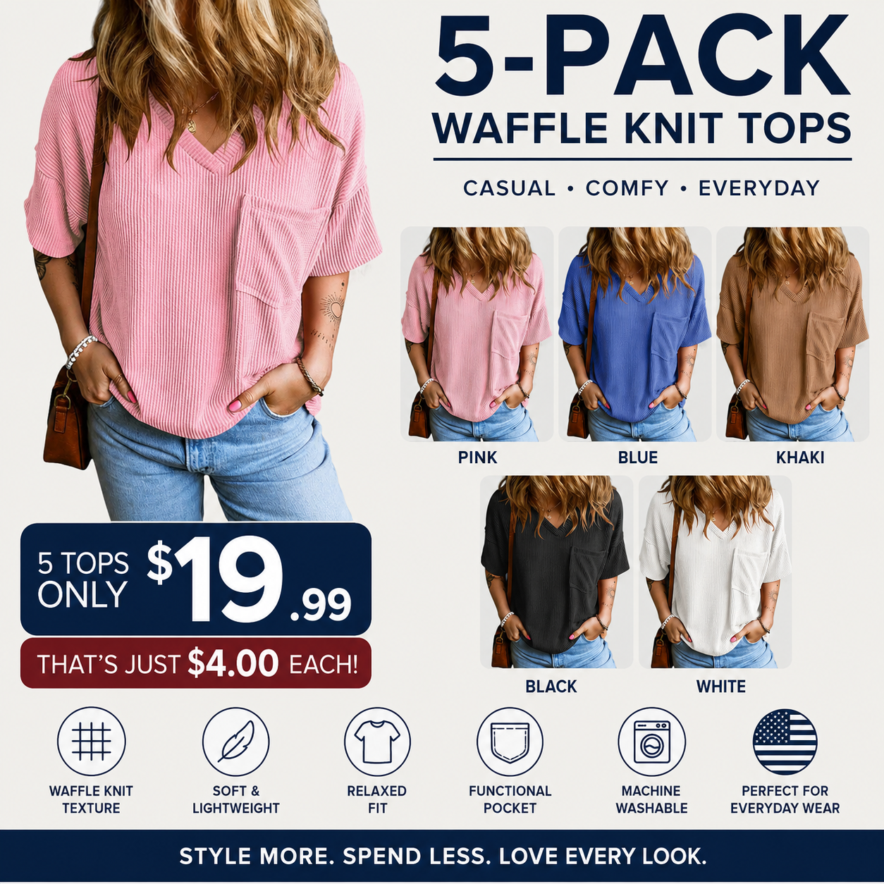 Women's Oversized Ribbed Knit Summer T-Shirt V Neck Short Sleeve Casual Loose Fit Tee with Pocket