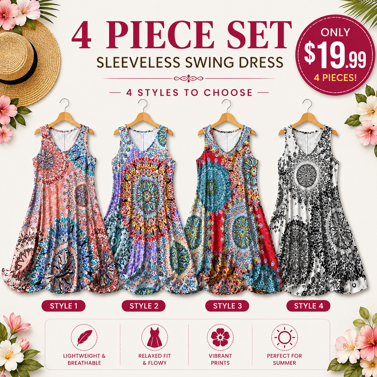 Women's Plus Size Boho Floral Print Tank Dress – Casual Sleeveless Loose Summer Vacation Dress