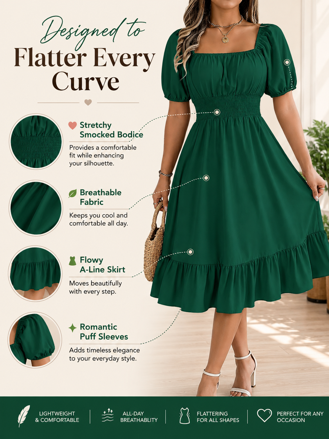 Floral Shirred Puff Sleeve A-Line Dress – Square Neck Ruffle Hem Summer Midi Dress for Women