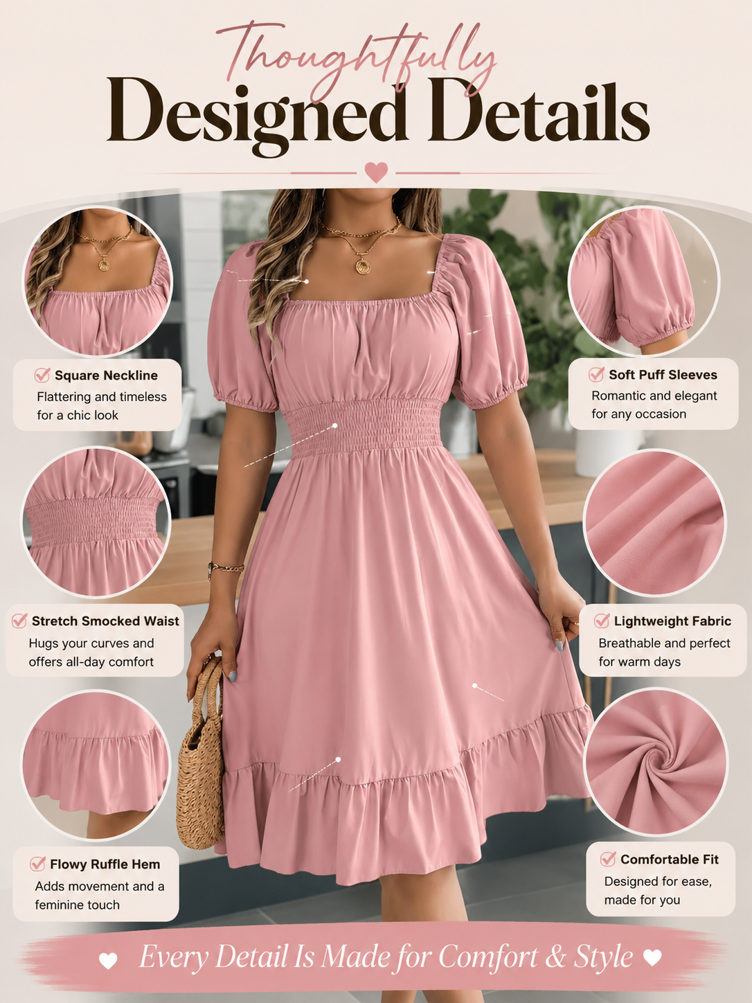 Floral Shirred Puff Sleeve A-Line Dress – Square Neck Ruffle Hem Summer Midi Dress for Women