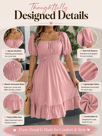 Floral Shirred Puff Sleeve A-Line Dress – Square Neck Ruffle Hem Summer Midi Dress for Women