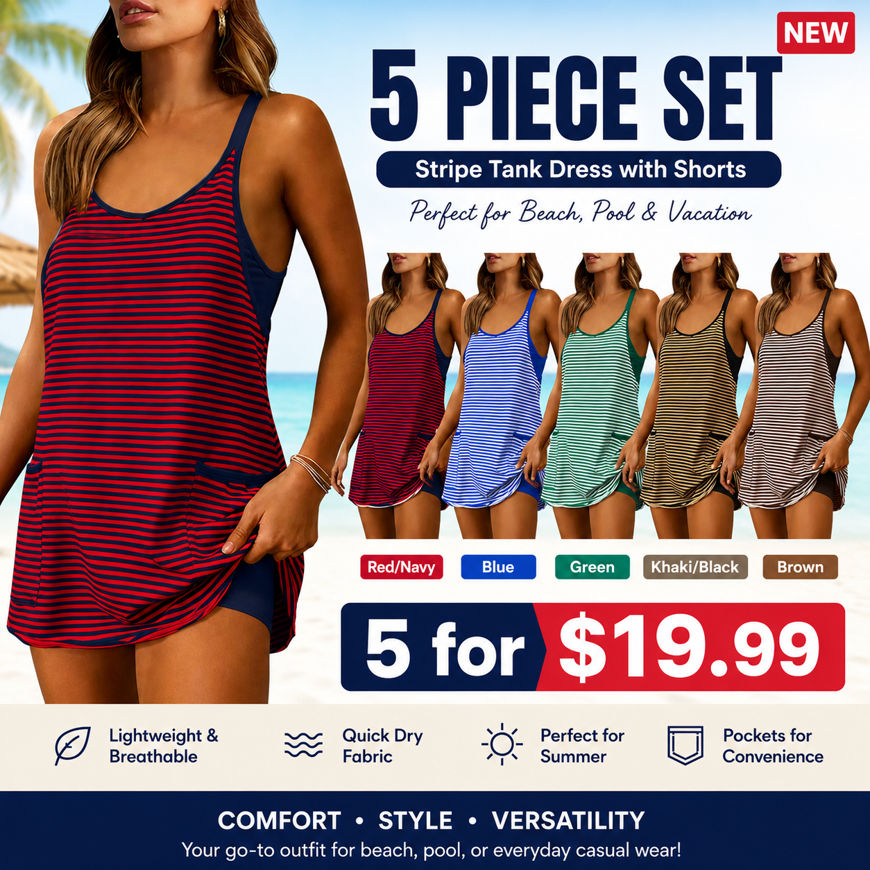Women's Striped Romper Dress with Built-in Shorts | V-Neck Sleeveless Athletic Mini Dress for Beach, Vacation & Casual Summer Wear