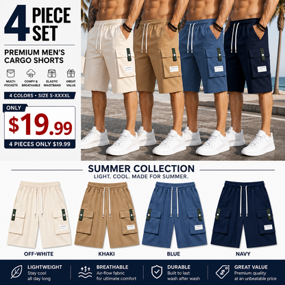 Men's Casual Cargo Shorts – Lightweight Multi-Pocket Bermuda Shorts with Elastic Drawstring Waist, Loose Fit for Work, Hiking, Travel & Everyday Wear