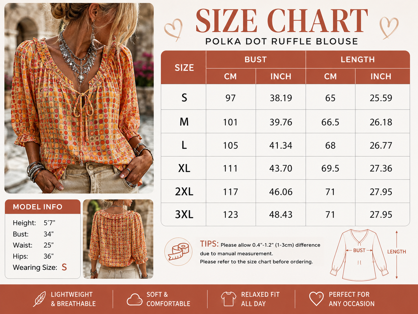 Women's 3/4 Sleeve V-Neck Polka Dot Lace-Up Blouse – Lightweight Casual Ruffle Top