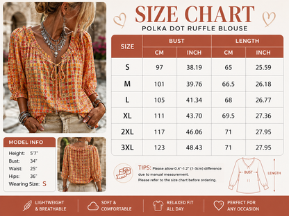 Women's 3/4 Sleeve V-Neck Polka Dot Lace-Up Blouse – Lightweight Casual Ruffle Top