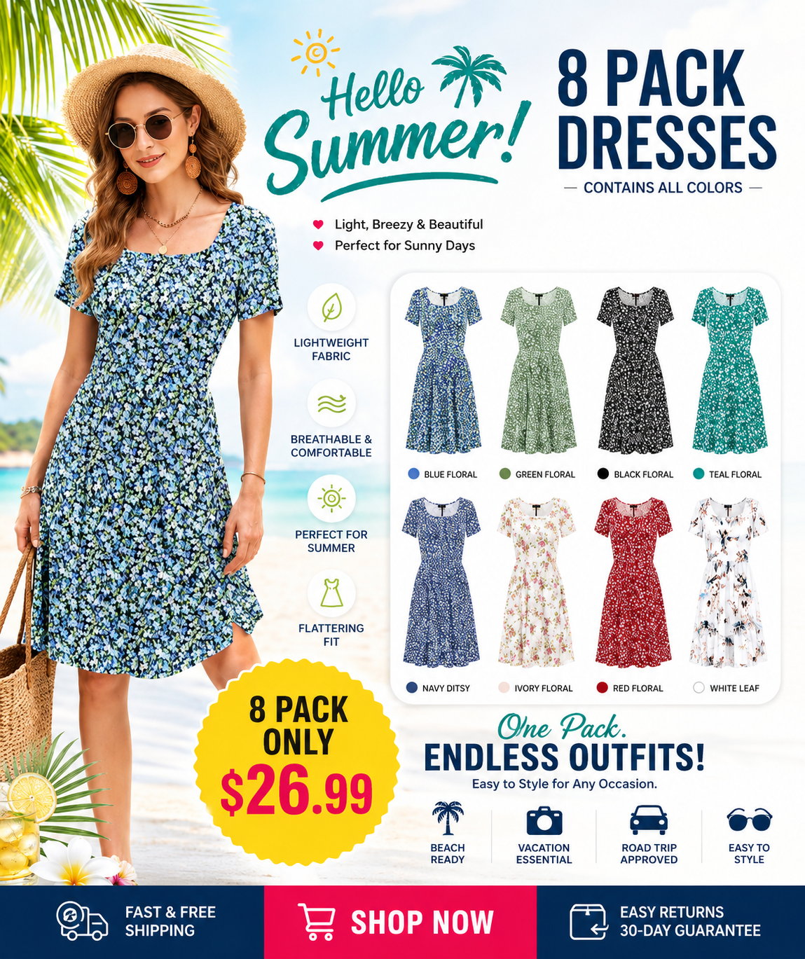 🌴 Vacation-Ready Floral Sundress – Square Neck Ruffle Sleeve Dress with Pockets