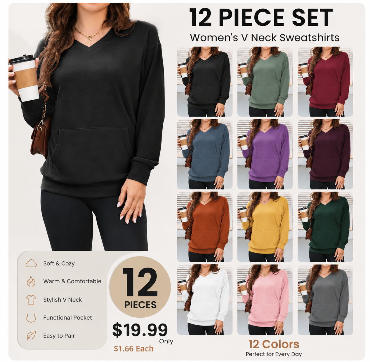 Women's V Neck Sweatshirt with Kangaroo Pocket, Fleece Long Sleeve Oversized Pullover, Casual Hoodless Top