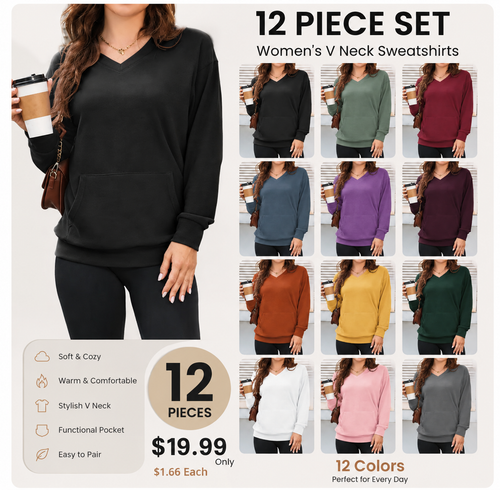 Women's V Neck Sweatshirt with Kangaroo Pocket, Fleece Long Sleeve Oversized Pullover, Casual Hoodless Top