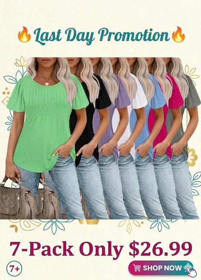 Women's Summer Pleated Blouse - Short Sleeve Scoop Neck Tunic, Dressy Casual Flare Top (S-4XL)