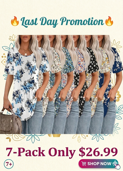 Women's Summer Pleated Blouse - Short Sleeve Scoop Neck Tunic, Dressy Casual Flare Top (S-4XL)