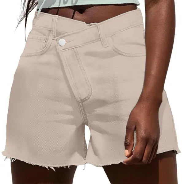 Women Crossover High Waisted Jeans Shorts Stretchy Casual Denim Shorts Boyfriend Summer Womenswear Streetwear Bottom Fit Ripped Style Chic