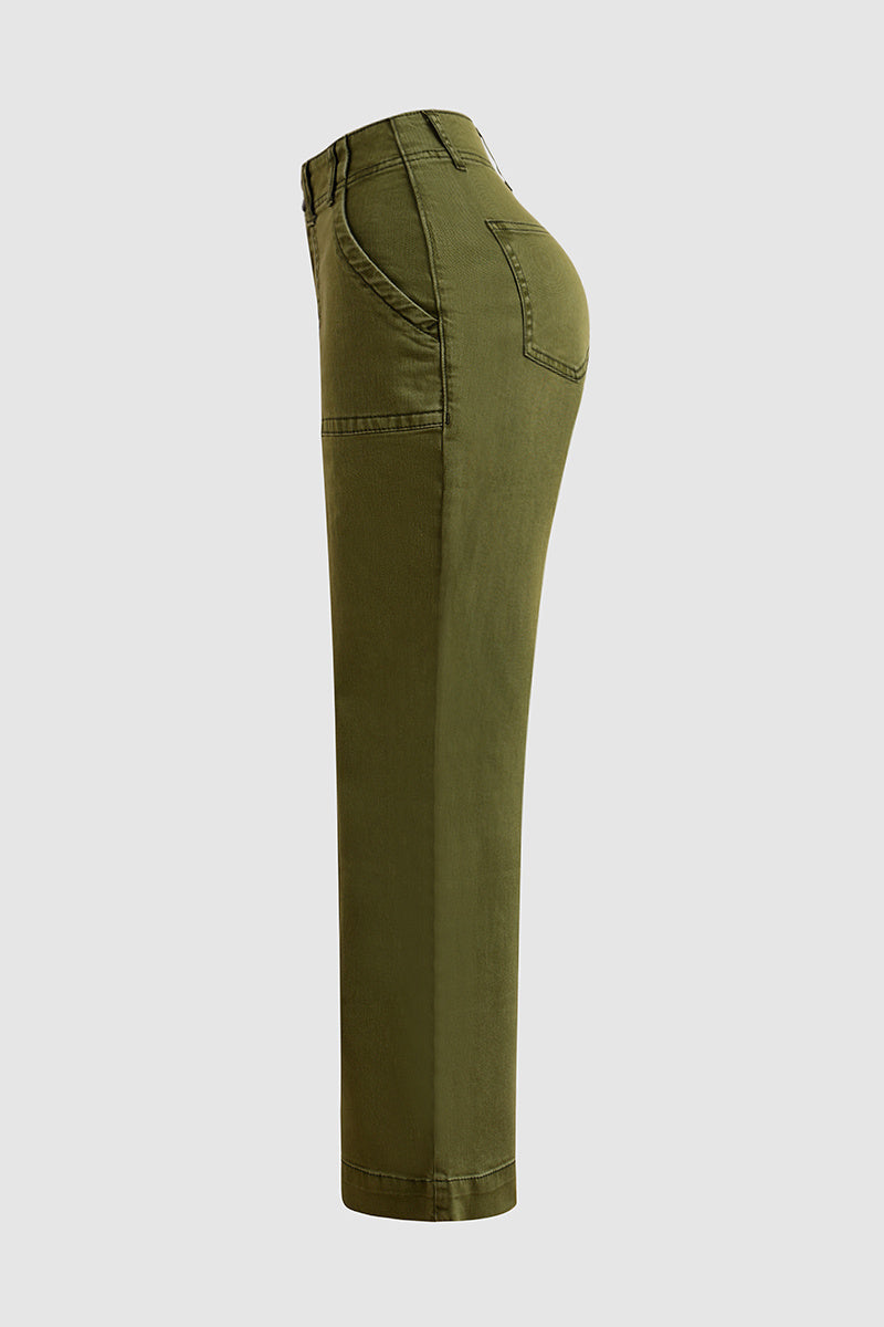 Double Button Mid Waist Straight Leg Pants