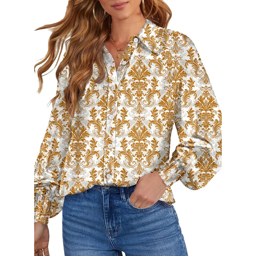 Women's Floral Chiffon Button Down Blouse – V Neck Long Sleeve Casual Boho Shirt