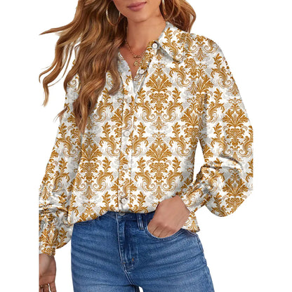 Women's Floral Chiffon Button Down Blouse – V Neck Long Sleeve Casual Boho Shirt