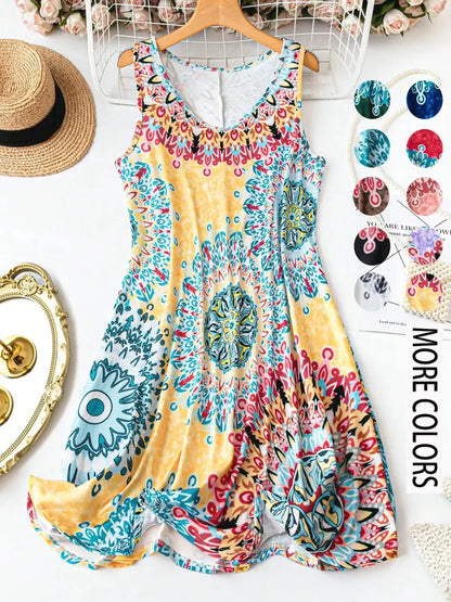Women's Plus Size Boho Floral Print Tank Dress – Casual Sleeveless Loose Summer Vacation Dress