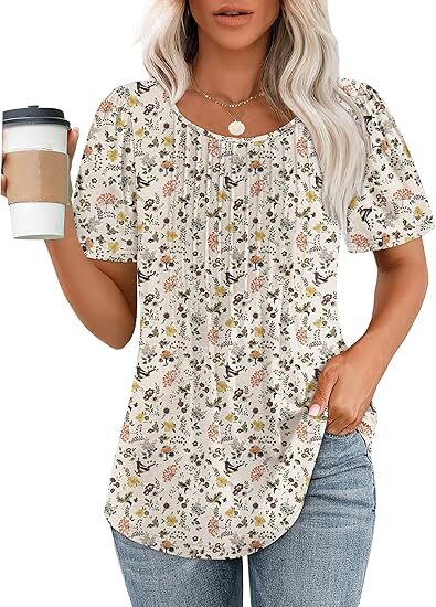 Women's Summer Pleated Blouse - Short Sleeve Scoop Neck Tunic, Dressy Casual Flare Top (S-4XL)