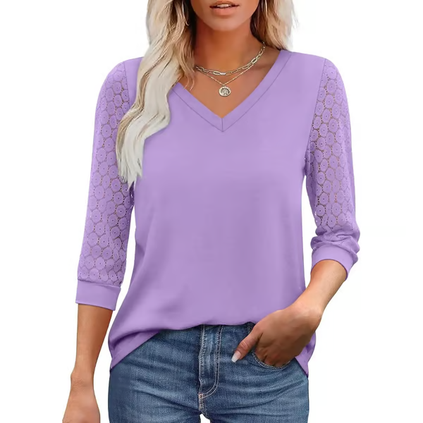 Womens 3/4 Length Sleeve Tops Trendy V Neck T Shirts