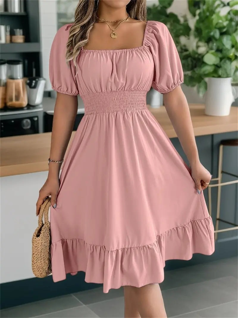 Floral Shirred Puff Sleeve A-Line Dress – Square Neck Ruffle Hem Summer Midi Dress for Women