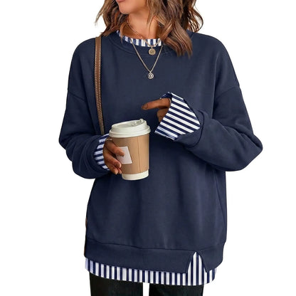 Women's Loose Fit Faux Two-Piece Crewneck Sweatshirt – Casual Layered Look Pullover