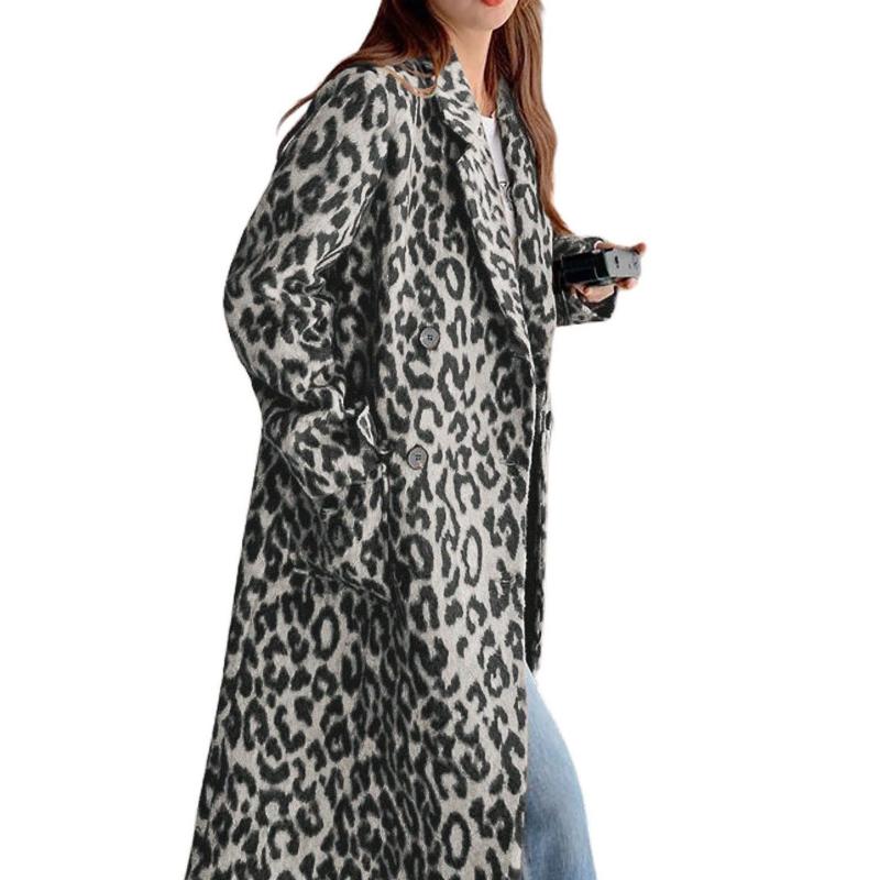 Women's Leopard Print Double-Breasted Wool Blend Trench Coat – Long Winter Overcoat