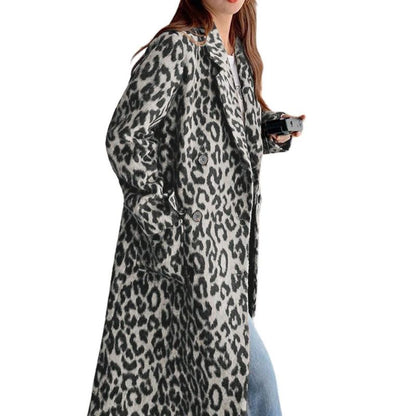 Women's Leopard Print Double-Breasted Wool Blend Trench Coat – Long Winter Overcoat