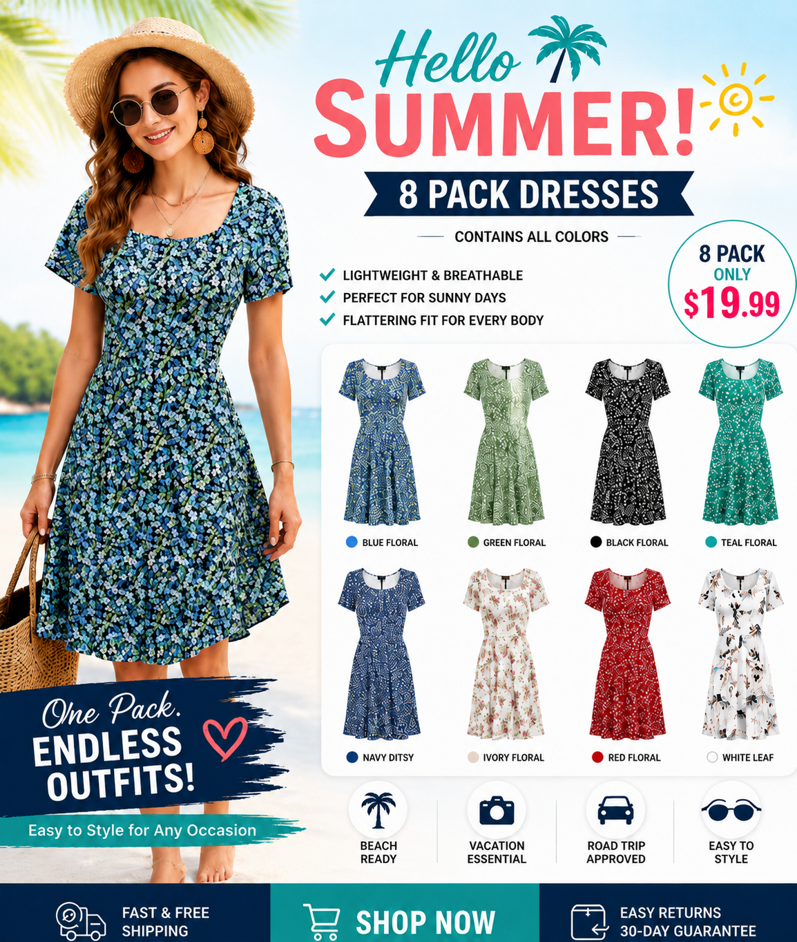 🔥Women Square Neck Floral Dress Ruffle Empire Waist A-Line Sundress with Pockets – Summer Casual Vacation Outfit