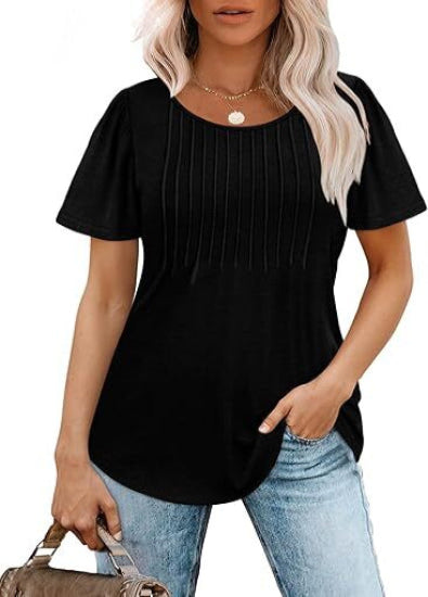 Women's Summer Pleated Blouse - Short Sleeve Scoop Neck Tunic, Dressy Casual Flare Top (S-4XL)